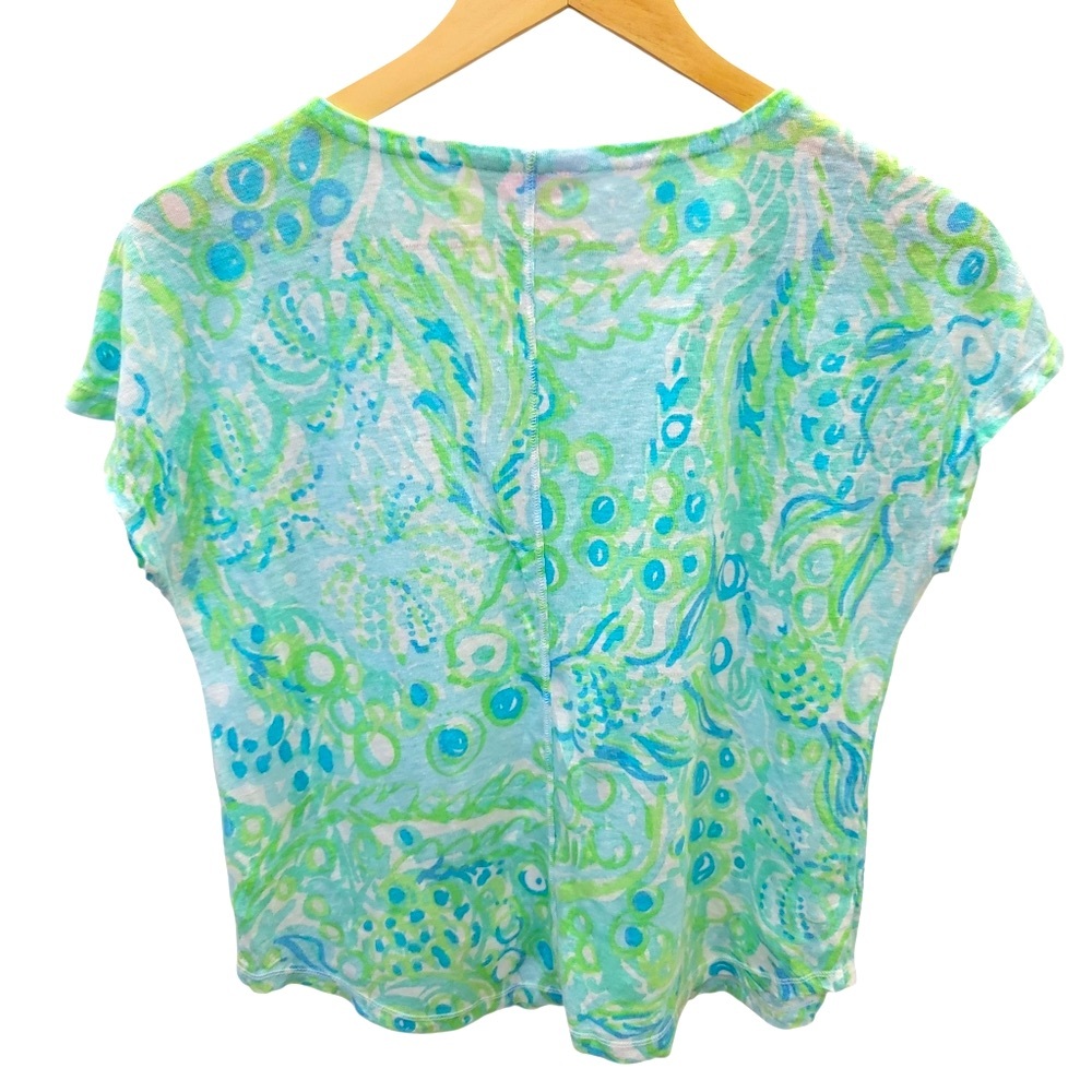 Lilly Pulitzer Linen Duval Notch Top Green Blue Cap Sleeve T-Shirt Women’s Small - Picture 13 of 15